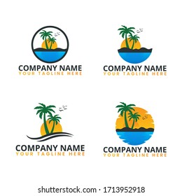 Island Sunset Logo Vector Design. Summer Holiday Beach Logo for your Tourism Business Company or for your Design Vector Element.