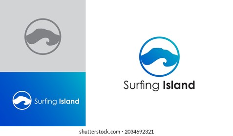 Island surf logo template design in a circle. Island logo and waves for adventure.