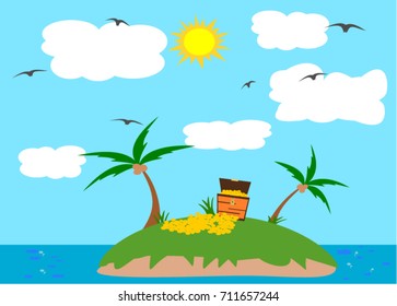 Island surrounded by ocean. Gold coins in treasure chest