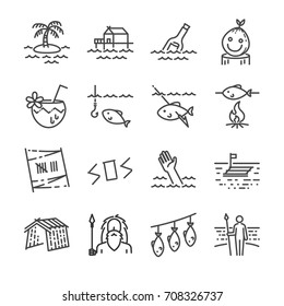 Island survival line icon set. Included the icons as survivor, fishing, island, shelter, sos sign, raft, message in a bottle and more.