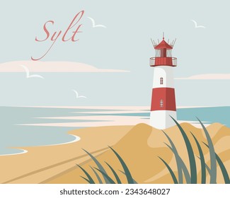 Island of Sylt in North Friesland, northern Germany. Maritime landscape with lighthouse, beach and dunes in front of the Wadden Sea. Minimalist travel and tourism concept. Hand drawn, vector eps. svg