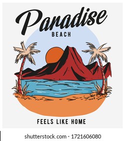 Texto temático de la isla con olas, palmeras, ilustraciones de vectores de sol. Para impresiones de camisetas y otros usos.