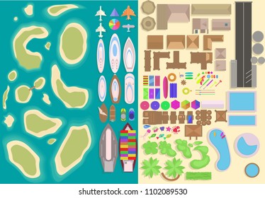 Island top view elements set. Cartoon vacation elements. Landscape top view. Vector illustration
