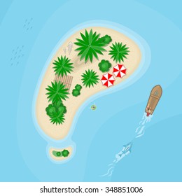 Island (top view). Summer time. Fisherman and shark. Vector illustration.