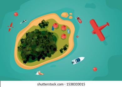 Island top view. Tropical sea resort with people. Summer vacation vector illustration. Bird view of an ocean.