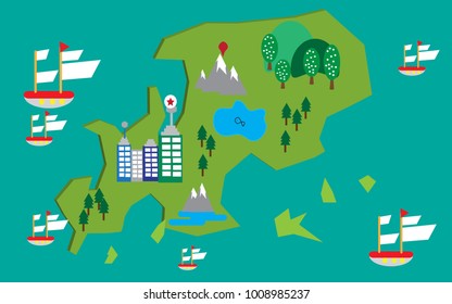 island Travel map vector illustration,Attractions in flat design. 