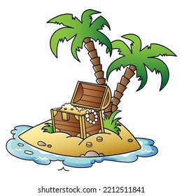 Island of treasure. Cartoon jewel chest. Adventure. Vector image for pirate party for children.
