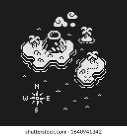 Island, Treasure map, small islands with volcano and palm trees, game pixel art  concept. Isolated vector illustration. 