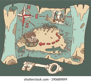 Island Treasure Map, vector illustration, hand drawn