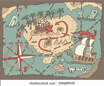 Island Treasure Map, vector illustration, hand drawn