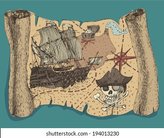 Island Treasure Pirate Map, engraved, vector illustration, hand drawn