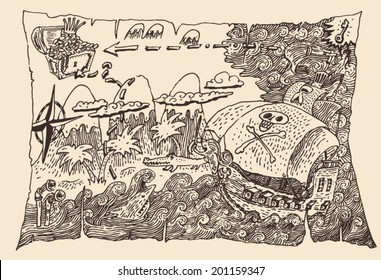 Island Treasure Pirate Map, engraved illustration, hand drawn