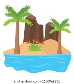 
An island with trees and in a seaside, tropical island 
