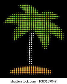 Island tropic palm halftone vector icon. Illustration style is pixel iconic island tropic palm symbol on a black background. Halftone matrix is made from round spots.