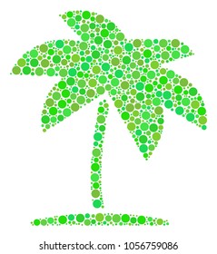 Island Tropic Palm mosaic of dots in variable sizes and fresh green color tinges. Vector dots are organized into island tropic palm illustration. Eco design concept.