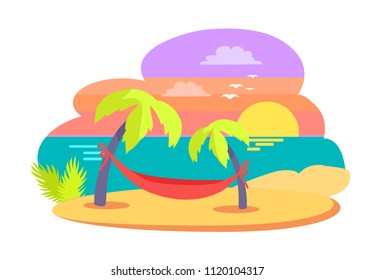 Island tropical travelling, exotic picturesque landscape, seascape hammock between growing palms, beach and sunset, isolated on vector illustration