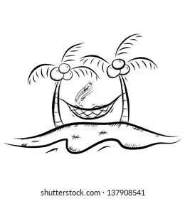 Island and two coconut tree with man relaxing on hammock and sing a song / vector cartoon, illustration isolated on white background. hand drawn, lined art, sketch style.