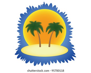 island with two palm trees over sun vector illustration