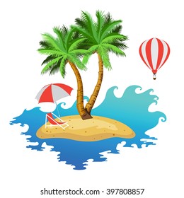 Island with two palm trees, parasols and deckchairs. Illustration. Vector.