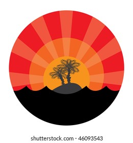 Island with two palm-trees at sunset background. Vector illustration