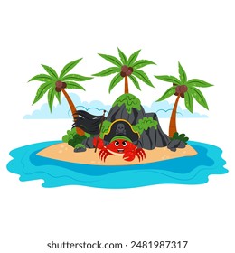 The Island. An uninhabited island with palm trees, crab pirate and rocks. A land in the middle of the ocean. Cartoon illustration in flat style. Kids illustration of an island.