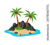 The Island. An uninhabited island with palm trees and rocks. A land in the middle of the ocean. Cartoon illustration in flat style. Kids illustration of an island.