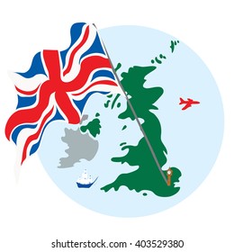 Island United Kingdom of Great Britain with the flag ships and aircraft/The United Kingdom of Great Britain and Northern Ireland