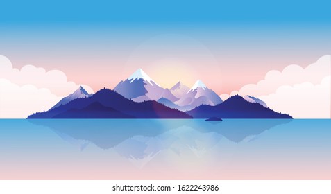 Island vector illustration. View of a deserted Island alone in the ocean, reflecting in the sea. Clouds, blue sky and sunrise in the background. Mysterious, beautiful and calm background.