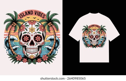 Island vibes sugar skull tropical sunset t-shirt design