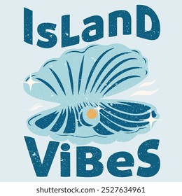 Camiseta Island Vibes, diseño de impresión gráfica Seashell para una camiseta. palmera, concha, dibujo. diseño para telas de moda, gráficos textiles y estampados. Estampado de vibraciones de verano, estampado vintage de conchas marinas 