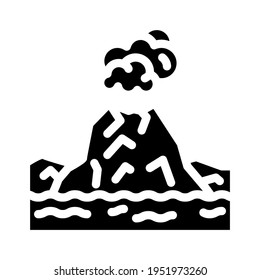 Insel mit Vulkan-Glyph-Symbol Vektorgrafik. Insel mit Vulkanschild. isoliertes Kontursymbol