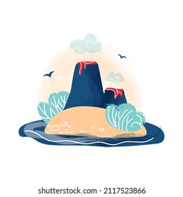 Island with a volcano. Location. Postcard. Flat style. Sea and beach. Relaxation. Vector stock illustration. White background. Marine aesthetics. Landscape. Children's illustration. travel