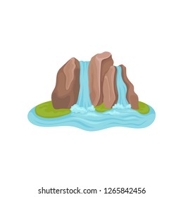 Island with waterfall. Blue water flowing by big mountain. Natural landscape element. Flat vector design