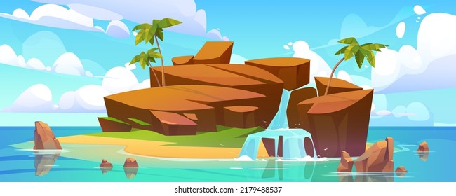 Isla con cascada en el océano, isla rocosa con playa, palmeras y chorros de agua cayendo de las rocas al mar bajo un cielo azul nublado. Paisaje tropical, fondo de juego de dibujos animados, ilustración vectorial