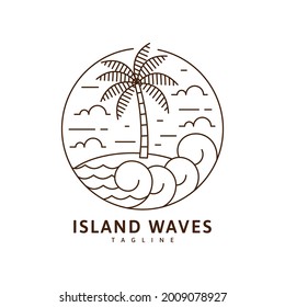 Island and wave illustration monoline or line art style, beach, sea, coconut trees, sky clouds, waves vector design illustration