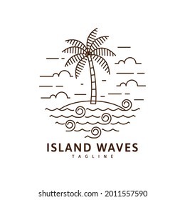 Island and wave illustration monoline or line art style, beach, sea, coconut trees, sky clouds, waves vector design illustration