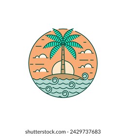 Island and wave monoline or line art style, island, sea, coconut trees, sky clouds vector design illustration