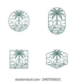 Island and wave monoline or line art style, island, sea, coconut trees, sky clouds vector design illustration