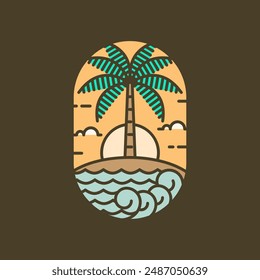 Island and wave monoline or line art style, island, sea, coconut trees, sky clouds vector design illustration