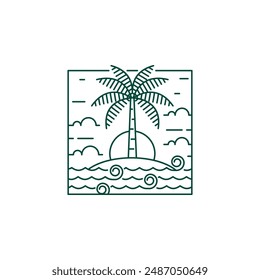 Island and wave monoline or line art style, island, sea, coconut trees, sky clouds vector design illustration