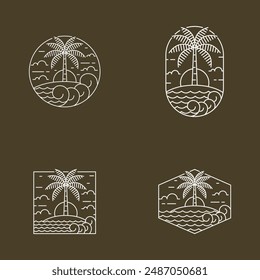 Island and wave monoline or line art style, island, sea, coconut trees, sky clouds vector design illustration