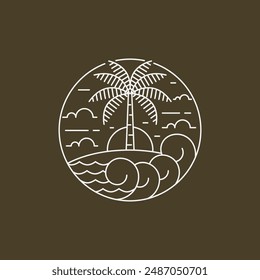 Island and wave monoline or line art style, island, sea, coconut trees, sky clouds vector design illustration