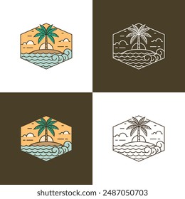 Island and wave monoline or line art style, island, sea, coconut trees, sky clouds vector design illustration