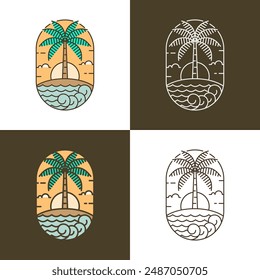 Island and wave monoline or line art style, island, sea, coconut trees, sky clouds vector design illustration