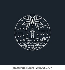 Island and wave monoline or line art style, island, sea, coconut trees, sky clouds vector design illustration