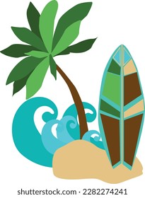Island with waves, palm tree and surfboard. Vector, flat style