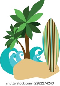 Island with waves, palm trees and surfboard. Vector, flat style. Logo, summer, surfing, sport