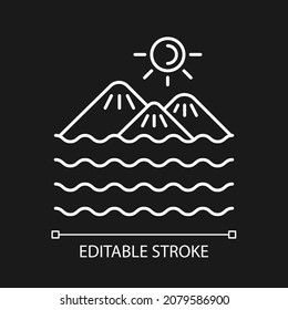 Island white linear icon for dark theme. Land surrounded by water. Ground piece in sea and ocean. Thin line customizable illustration. Isolated vector contour symbol for night mode. Editable stroke