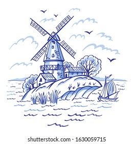 Island windmill and ship, graphic design in folklore style in blue tones.