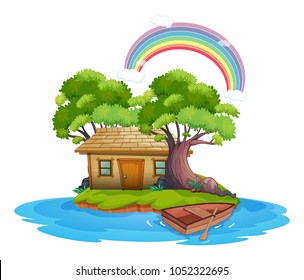 Island with wooden cottage illustration